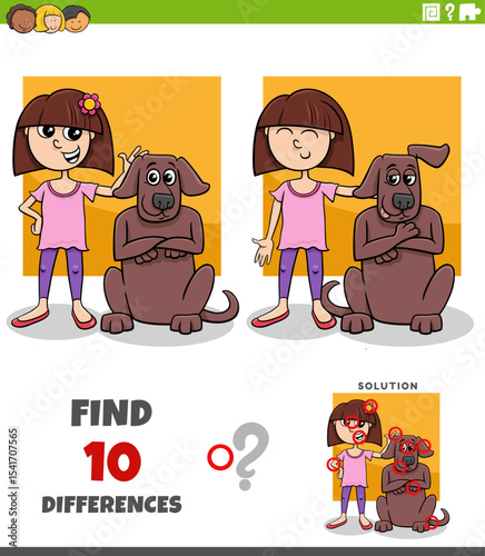 differences puzzle game with cute cartoon girl and her dog