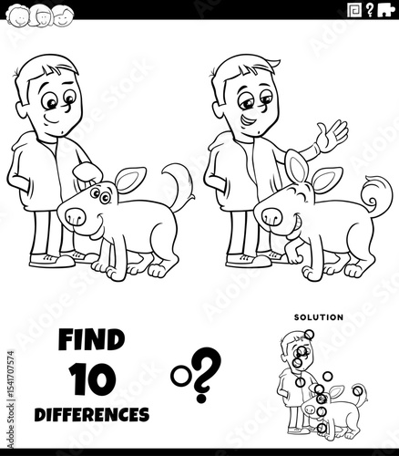 differences puzzle game with cute cartoon boy and his dog coloring page