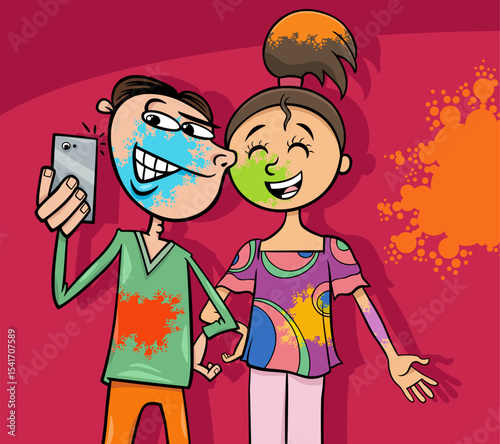 happy cartoon girl and boy on party with color powders taking a photo