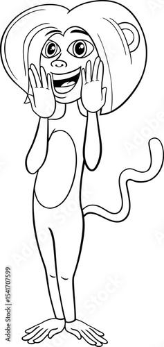 happy surprised cartoon female monkey animal character coloring page