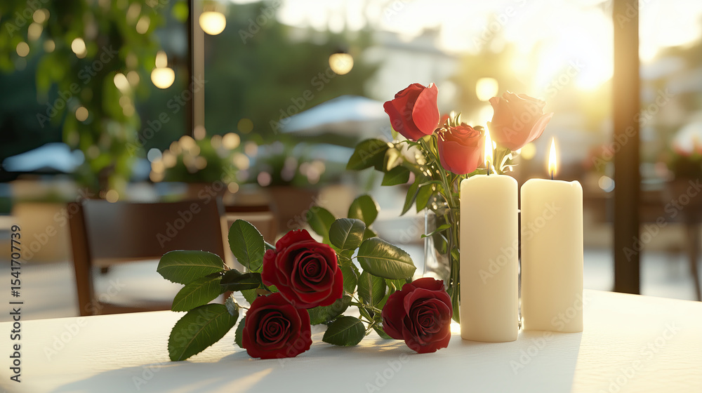 Obraz premium Romantic setting featuring red roses, candles, and soft lighting creates warm atmosphere perfect for special occasion