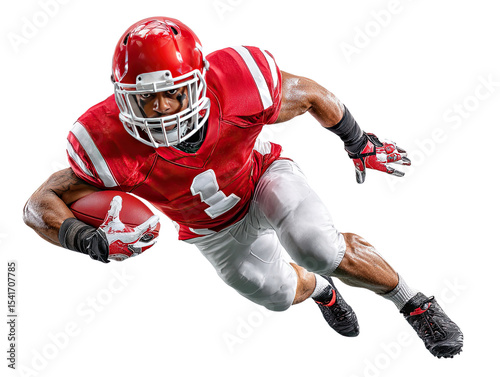 Action Shot: A determined athlete, fully equipped and in motion, embodies the intense power and strategic finesse of football. Emphasizing a sense of motion, focus, and drive.