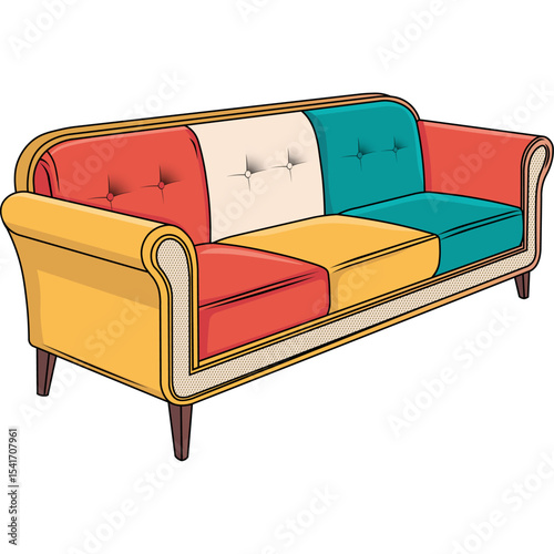colorful sofa settee in flat color block editable vector illustration with perfect color separation