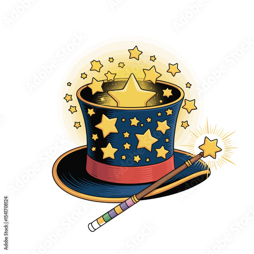 Magical Starry Night Enchanting Hat and Wand Illustration