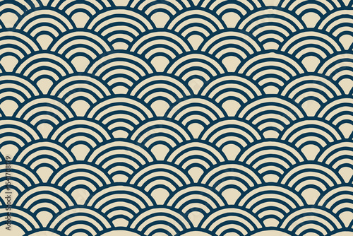 Seamless pattern design with blue and beige wave motifs