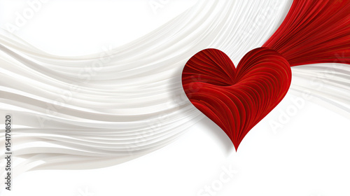 Vibrant red heart design with flowing white ribbons creates romantic and elegant atmosphere, perfect for expressing love