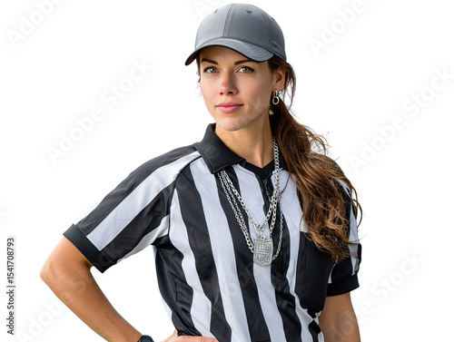 Referees in Sport: A focused and determined female referee in a classic black and white striped uniform and cap, with an air of authority. She exudes confidence and embodies fairness and dedication.
