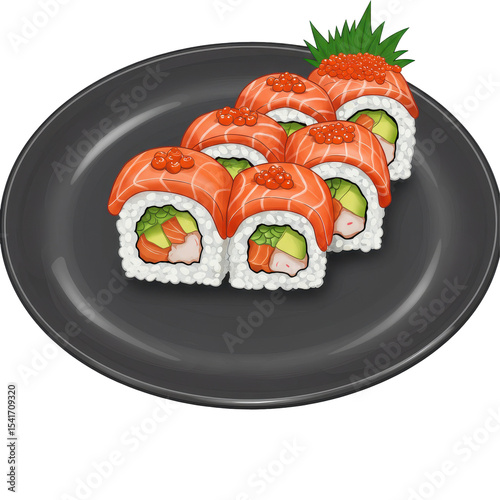 Colorful sushi rolls on a dark plate, detailed illustration