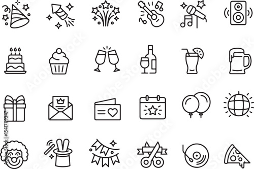 Thin line icon set of party celebration entertainment event festive celebratory greeting birthday. Pixel perfect icons, editable stroke.