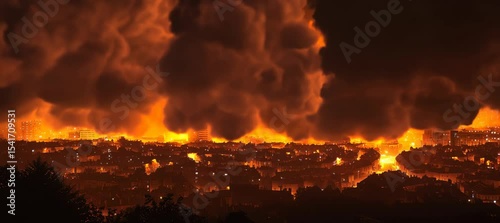 Huge bomb blast after airstrike at burning city. War conflict damage. Generative video AI technology.