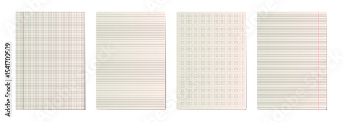 Set of realistic vector paper sheets with various grid patterns: graph, ruled, and dotted. Ideal for school, office, bullet journal, and stationery designs. Perfect for notes, planners, and background