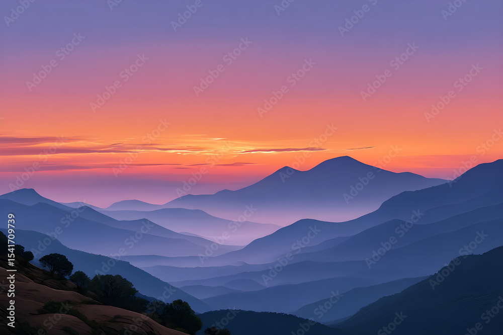 Obraz premium Serene sunset over layered mountain ranges