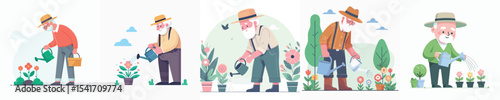 vector character grandpa watering flowers