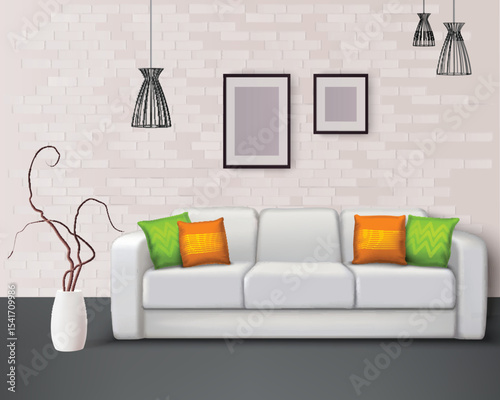 White leather sofa with fantastic green orange pillows brings color in living room realistic interior illustration
