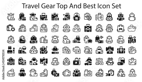 Travel Gear Top And Best Icon Set. editable stroke vector graphic elements, Essential brand presence toolkit stock illustration
