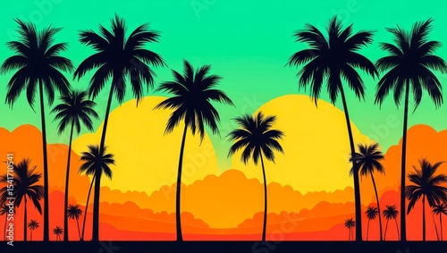 Grunge background with colors in reggae style in an evening feel, complete with coconut tree silhouette.