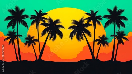Grunge background with colors in reggae style in an evening feel, complete with coconut tree silhouette.