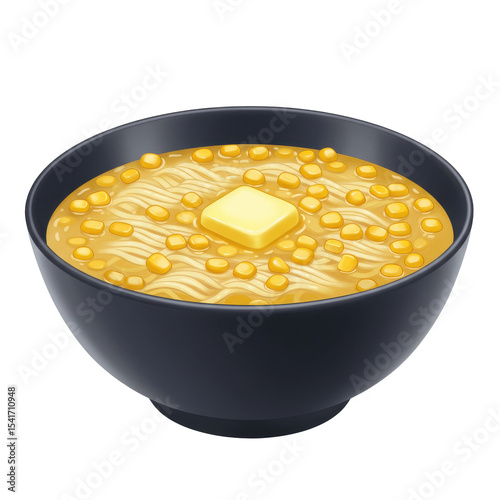 Creamy corn soup with butter in black bowl, artistic food illustration