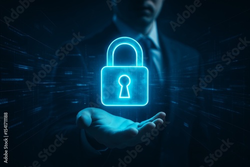 Businessman holding glowing digital padlock symbol, representing cybersecurity, data protection and privacy technology