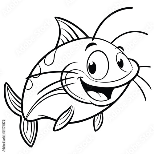 Joyful catfish cartoon swims with a huge smile, depicted in black and white