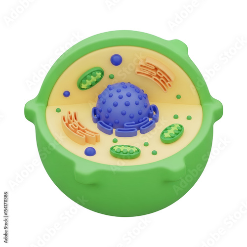 Detailed 3D Rendering of a Cell Structure with Nucleus, Mitochondria, and Endoplasmic Reticulum on Transparent Background