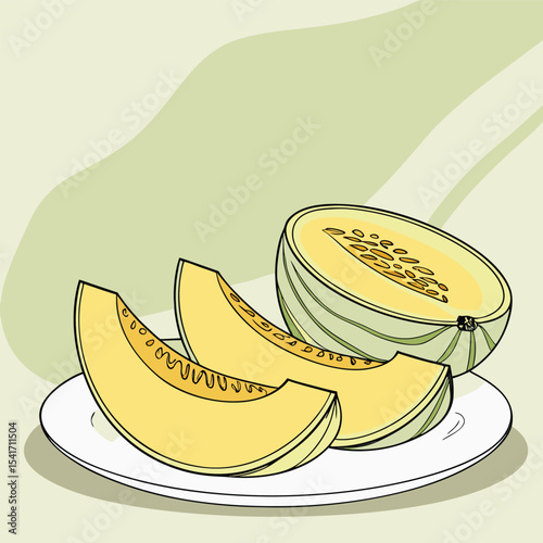 Slices of honeydew melon on a plate. Perfect for organic branding, botanical prints, packaging design, kitchen wall art, recipe books, skincare labels, and logo design.