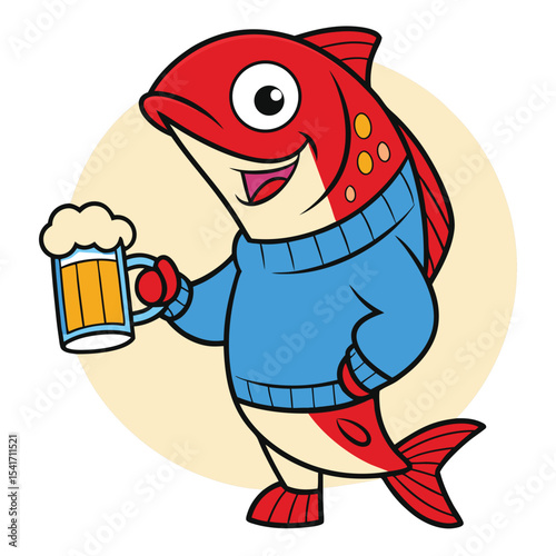 Red fish cartoon character smiles while holding a glass of beer cheerfully