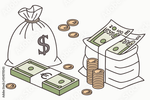 A Wealth of Currencies an Isometric Perspective of Money Bags Bundled Euros Dollars and Stacks of Coins