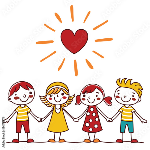 Smiling diverse kids hold hands under a heart radiating orange light on transparent background