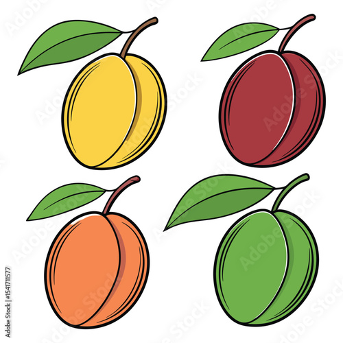 Four colorful plums with leaves illustration. Perfect for organic branding, botanical prints, packaging design, kitchen wall art, recipe books, skincare labels, and logo design.