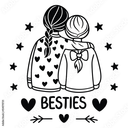 Two monochrome girls hugging tightly, wearing heart patterned pajamas, surrounded by stars on white
