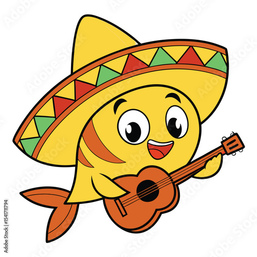 Cartoon fish smiles and plays a brown guitar while wearing a sombrero hat