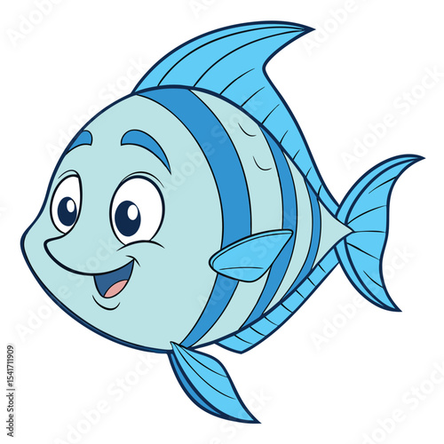 Cheerful blue striped cartoon fish smiles brightly against a transparent background