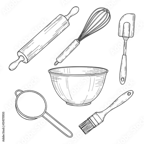 Types of Baking Tools Hand Drawn Sketch in one Picture, on a Transparent Isolated PNG Background