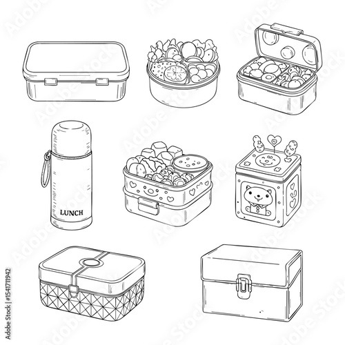 Types of Lunch Boxes Hand Drawn Sketch in one Picture, on a Transparent Isolated PNG Background
