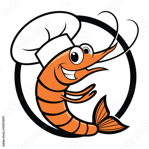 Cheerful cartoon shrimp chef wearing toque inside black circle poses happily with transparent background