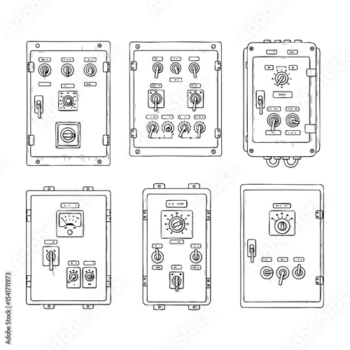 Types of Vintage Switch Boards Hand Drawn Sketch in one Picture, on a Transparent Isolated PNG Background