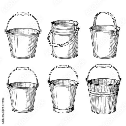 Types of Buckets Hand Drawn Sketch in one Picture, on a Transparent Isolated PNG Background