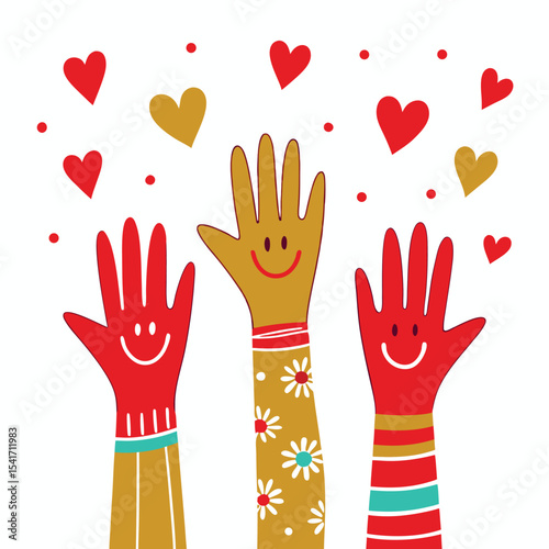 Cheerful diverse cartoon hands reaching up amid floating hearts and dots on white