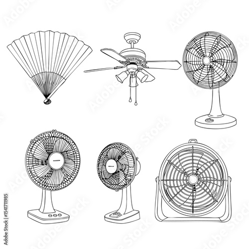 Types of Fans Hand Drawn Sketch in one Picture, on a Transparent Isolated PNG Background