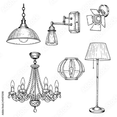 Types of Lights Hand Drawn Sketch in one Picture, on a Transparent Isolated PNG Background