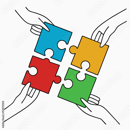 Four outlined hands completing a puzzle with colorful pieces on transparent background