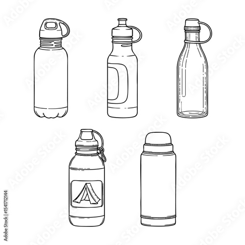 Types of Water Bottles Hand Drawn Sketch in one Picture, on a Transparent Isolated PNG Background
