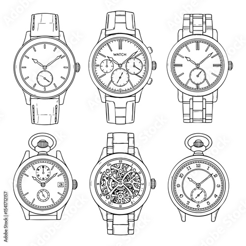 Types of Mens Watches Hand Drawn Sketch in one Picture, on a Transparent Isolated PNG Background