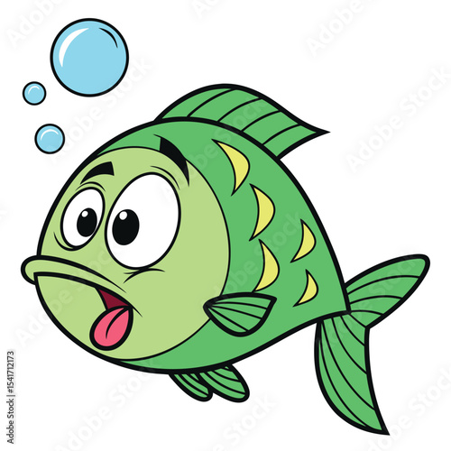 Green cartoon fish with tongue sticks out near bubbles isolated on white