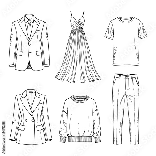 Types of Clothing Hand Drawn Sketch in one Picture, on a Transparent Isolated PNG Background