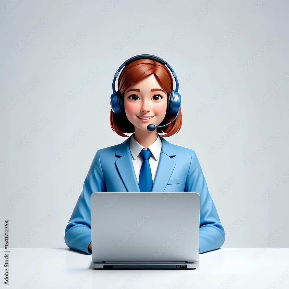 Friendly Customer Service Representative 3D Cartoon Illustration of a Smiling Woman Using a Laptop and Headset Friendly Customer Service Representative 3D Cartoon Illustration of a Smiling Woman Using a Laptop and Headset