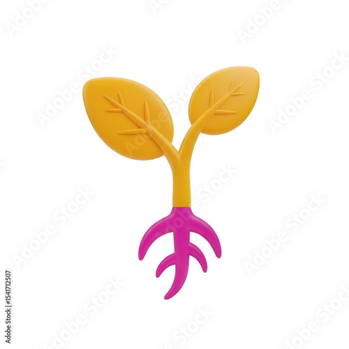 Cute 3D Sprout Seedling Illustration on Transparent Background: Vibrant Plant with Roots for Growth Concepts and Environmental Awareness Designs