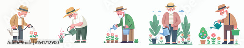 vector character grandpa watering flowers
