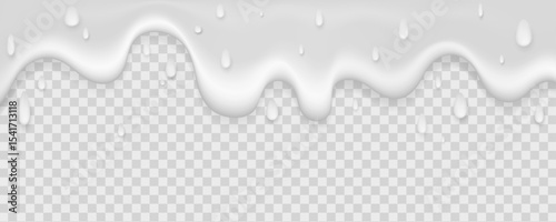 Realistic white liquid dripping with smooth, glossy flow and soft drops on a transparent background. Milky liquid for dairy, milk, yogurt, paint, or cosmetic products designs. Vector illustration.